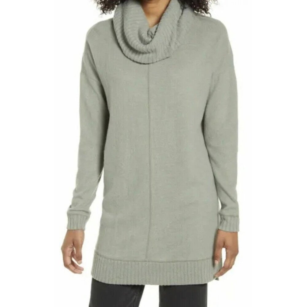 Lulu's Women's Autumn Daze Sage Green Cowl Neck Tunic Oversize Sweater Dress, XL